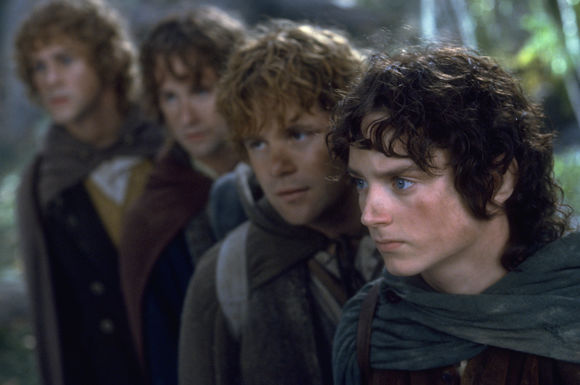 Sean Astin, Billy Boyd, Dominic Monaghan, Elijah Wood în The Lord of the Rings: The Fellowship of the Ring