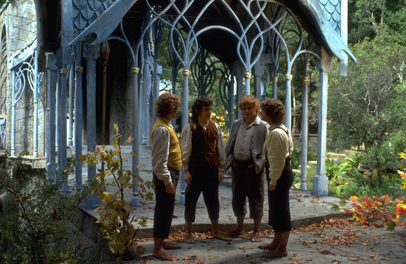 Dominic Monaghan, Elijah Wood, Billy Boyd, Sean Astin în The Lord of the Rings: The Fellowship of the Ring