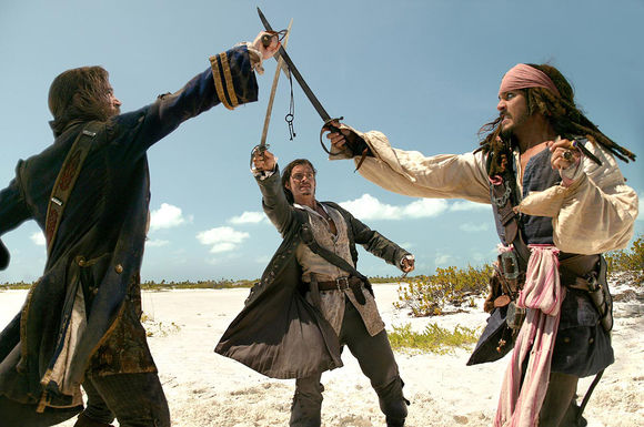 Johnny Depp, Orlando Bloom în Pirates of the Caribbean: Dead Man's Chest